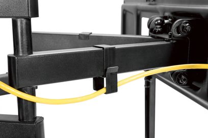 Schwarze Wandhalterung für Fernseher, gelenkiger gelber Arm, Wandbefestigung, integriertes Kabelmanagement, Seitenansicht in Nahaufnahme