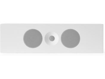Cassa da parete Tangent Spectrum II XLCR bianca, vista frontale, due griglie metalliche circolari e tweeter centrale