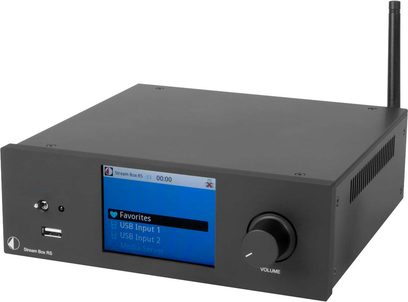 Pro-Ject Stream Box RS netværksaudioafspiller i sort set forfra, LCD-skærm, kontrolknapper, USB-indgange, hovedtelefonudgang