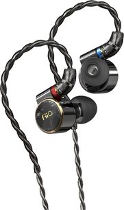FiiO FD3 Pro black in-ear headphones in glossy aluminum, round shells with a marbled pattern bordered by a golden ring, gray silicone tips, transparent connectors coded red and blue, detachable black braided cable, three-quarter view
