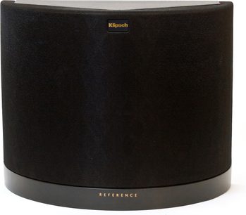 Sort Klipsch Reference højttaler, tæt forfra, cylindrisk afstumpet form, orange logo på forsiden