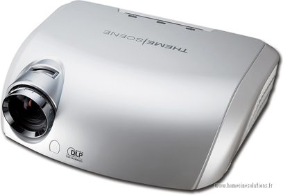 Stříbrnošedý videoprojektor Optoma HD81, pohled z levé přední strany, objektiv vlevo, ventilační mřížky na horní straně