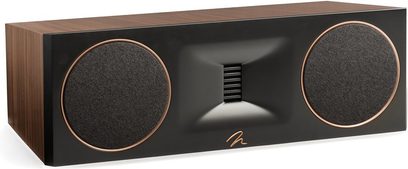 Senterhøyttaler Motion XT C100 valnøtt med to svarte, sirkulære griller med kobberkant og en rektangulær diskant i midten