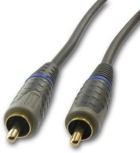 To mørke grå audiokabeler med blå og forgyldte RCA-stik, mærke Connect Research, model CA4105H 5m