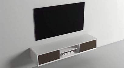 Audio-/Video-Möbel Clic Classic Series Modell 1530 aus mattweißem Holz, zwei braune Türen und zentrales Fach, Ansicht aus der Vogelperspektive