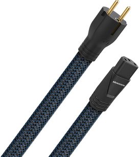 Câble audio Audioquest bleu et noir, gaine tressée bleu et noir, connecteurs plaqués or, vue de face et de côté