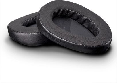 Cuscinetti ovali in pelle nera per cuffie audio, con interno in spessa gommapiuma e bordo cucito