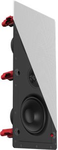 Zapuštěný nástěnný reproduktor Klipsch DS-250W-LCR Sky Hook černý, pohled z boku, 3 červené reproduktory, kovový kryt