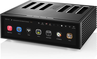 Alles-in-één audiosysteem Rose RS520 zwart, vooraanzicht, met scherm, knoppen en pictogrammen voor verschillende functies