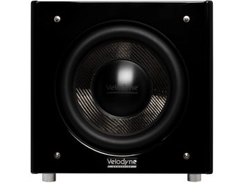 Subwoofer Velodyne SPL-X 10 γυαλιστερό μαύρο, όψη από μπροστά, κεντρικό γούφερ από ανθρακόνημα, τετράγωνο καμπίνετ με μεταλλικά πόδια