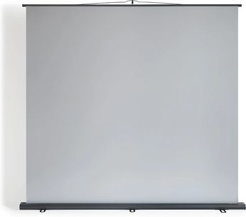 Schermo di proiezione portatile Projeo PullUP ALR LT 90 grigio con bordo nero, vista frontale su supporto pieghevole