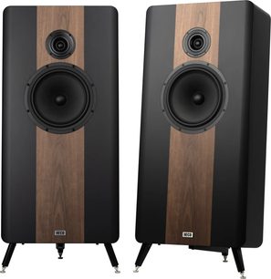 Diffusori a colonna Heco Direkt Premium neri, vista frontale, 2 unità, finitura centrale in legno, 2 altoparlanti circolari, piedini inclinati
