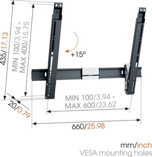 Vægmonteret, justerbar sort TV-beslag +15°, minimumsmål 100/3,94 og maksimumsmål 600/23,62 mm/tommer, 660/25,98 i alt