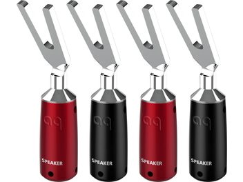 Quatro colunas portáteis vermelhas e pretas da marca AQ, modelo Speaker, com terminais metálicos em forma de V