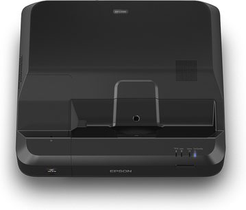 Epson EH-LS100 sort videoprojektor, set forfra, med linse, ventilationsriste, knapper og tilslutningsporte