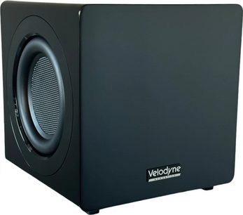 Velodyne MiniVee X subwoofer, hoekaanzicht, zwarte kubusvormige behuizing, ronde luidspreker aan de linkerkant