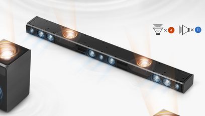 Samsung HW-K950 sort soundbar med 11 højttalere, 4 højttalere vendt opad, set forfra