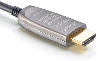 Optický HDMI kabel Inakustik 2.1 pro 5 m, obdélníkové kovové konektory, šedý plášť, detailní boční pohled