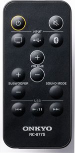 Schwarze Onkyo RC-877S Fernbedienung mit Tasten für Eingangswahl, Lautstärke, Subwoofer, Klangmodus und USB