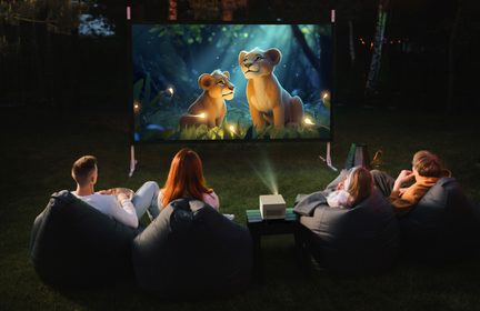 Billedet viser en projektor- eller tv-skærm, der viser en animeret scene med to løveunger i en skov, som bliver set af en gruppe mennesker, der sidder på sofaer i et mørkt rum