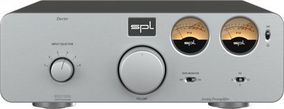 SPL Elector stereo forforstærker sølv med sølvfront, 2 cirkulære VU-metre, 1 centralt volumenkontrol, 1 roterende indgangsvælger, 2 vippekontakter og 1 sidevippekontakt