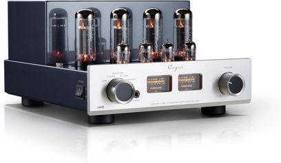 Cayin Jazz 80 EL34 integreret stereo rørforstærker, sort metalkabinet og børstet sølv aluminiumsfront set fra venstre forhjørne, udstyret med to store runde potentiometre, to baggrundsbelyste VU-metre og seks synlige vakuumrør