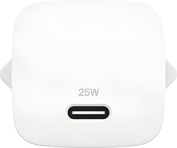 Belkin BoostCharge hvid USB-C vægoplader 25 W, set forfra med centreret sort USB-C-port