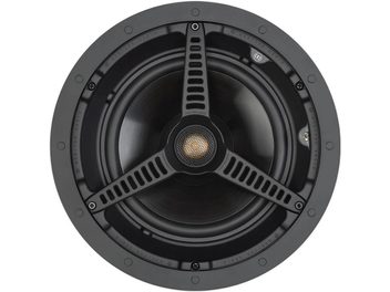 Monitor Audio Core C180 încorporabil, vedere frontală, grilă neagră cu logo auriu în centru, contur gri închis