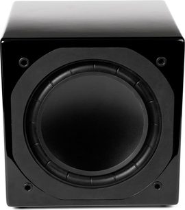 Mirage MM-8 sort subwoofer, set forfra, central rund højttaler, mat sort kubisk kabinet