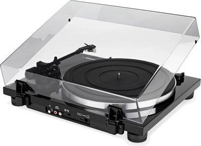 Svart lakkert Thorens TD 201 platespiller, ovenfra-perspektiv, med åpent gjennomsiktig lokk og svart tonarm