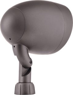 Udendørs højttaler GO6, højre sidevisning, oval kabinet, mørk finish, justerbart cylindrisk stativ med synlig skrue