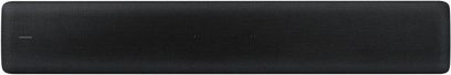Langstrakt, rektangulær sort Samsung HW-S60A/ZF soundbar, set forfra, med akustisk gitter over hele overfladen