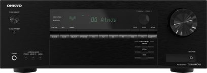 Parte frontal de un amplificador de cine en casa Onkyo TX-SR3100DAB, de color negro, con pantalla verde, botones y controles