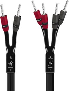 AudioQuest Rocket 22 SBW sort højttalerkabel med sølvfarvede bananstik og røde og grå markeringer