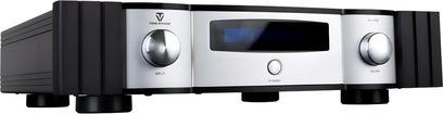 Stereo forforstærker Tonewinner AD1 PRE + sølvfarvet front, sorte sider, dobbelt drejeknap, centralt blåt display