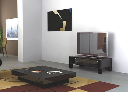 Norstone Kodkod sort og mørkt træ TV-møbel med geometrisk design, glashylde og abstrakt sort og guld maleri