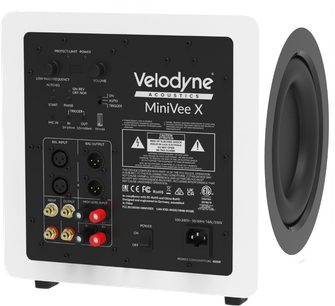 Velodyne MiniVee X witte subwoofer, achteraanzicht met zwart aansluitpaneel en luidspreker aan de zijkant