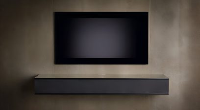 Nástěnný audio-video nábytek Unnu Classic Series model 130S, matná černá, lakovaná skříňka, skleněná horní deska, čelní panel bez úchytek