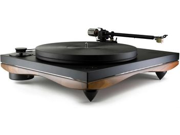 Giradischi Gold Note Pianosa in noce con braccio B-5.1, vista frontale, piatto nero, braccio e contrappeso, finitura in noce