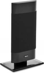 Sort kompakt Klipsch Gallery G-12 højttaler, set forfra, vertikal rektangulær form med sort akustisk gitter på fod