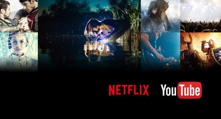 Collage of 8 images from Netflix movies and series and YouTube, with the Netflix and YouTube logos at the bottom