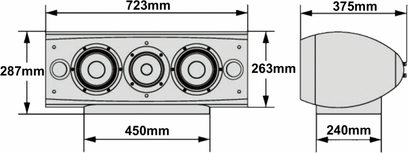 Centrální reproduktor Pioneer S-8EX-W, pohled zepředu a z profilu s rozměry, 3 reproduktory, bílá obdélníková skříň