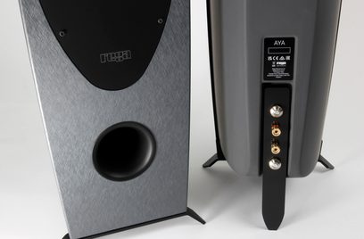 Enceinte colonne Rega Aya gris métallisé, vue de face et de côté, tweeter et woofer visibles, connectique à l'arrière