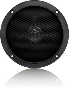 Sort indbygget loftshøjttaler ArtSound MDC6, set forfra, cirkulær perforeret frontgrill med kant og monteringshuller