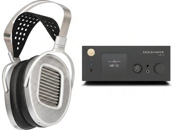 Cuffie Gold Note HP-10 argento con archetto nero traforato e amplificatore per cuffie nero abbinato
