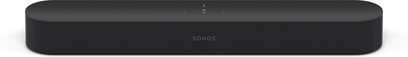 Sonos Beam sort soundbar, set forfra, aflang rektangulær form, mat sort finish, akustisk gitter på forsiden