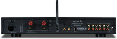 Stereo hi-fi integreret forstærker Audiolab 6000A sort set bagfra med RCA-stik, højttalerterminaler, antenne og digitale porte