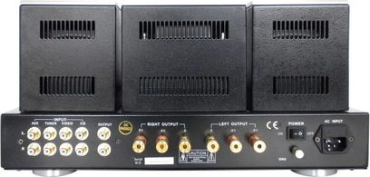 Jolida JD 303 svart hi-fi rørforsterker, bakside som viser 3 par RCA-kontakter og 3 par skrueterminaler