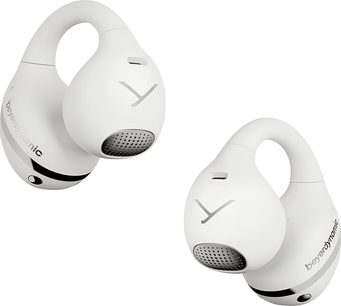 Fones de ouvido Beyerdynamic Amiron Zero brancos em plástico, vista em três quartos, grelhas metálicas e design em anel