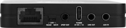 Zadní konektory černého elektronického zařízení s porty RJ45, SPDIF, napájením, line out a vstupem AUX